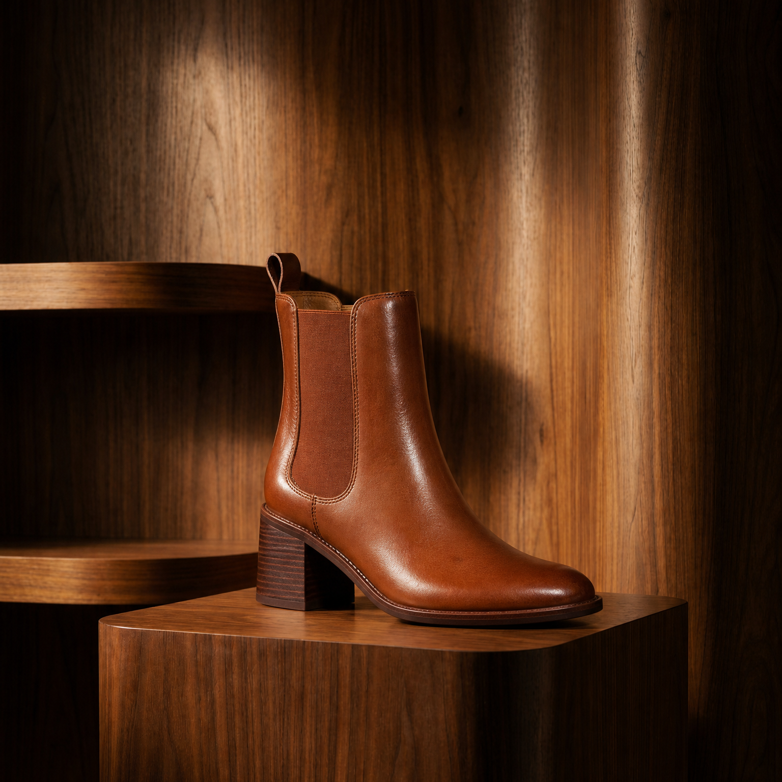 Brown leather boot on a wooden block against a wooden background