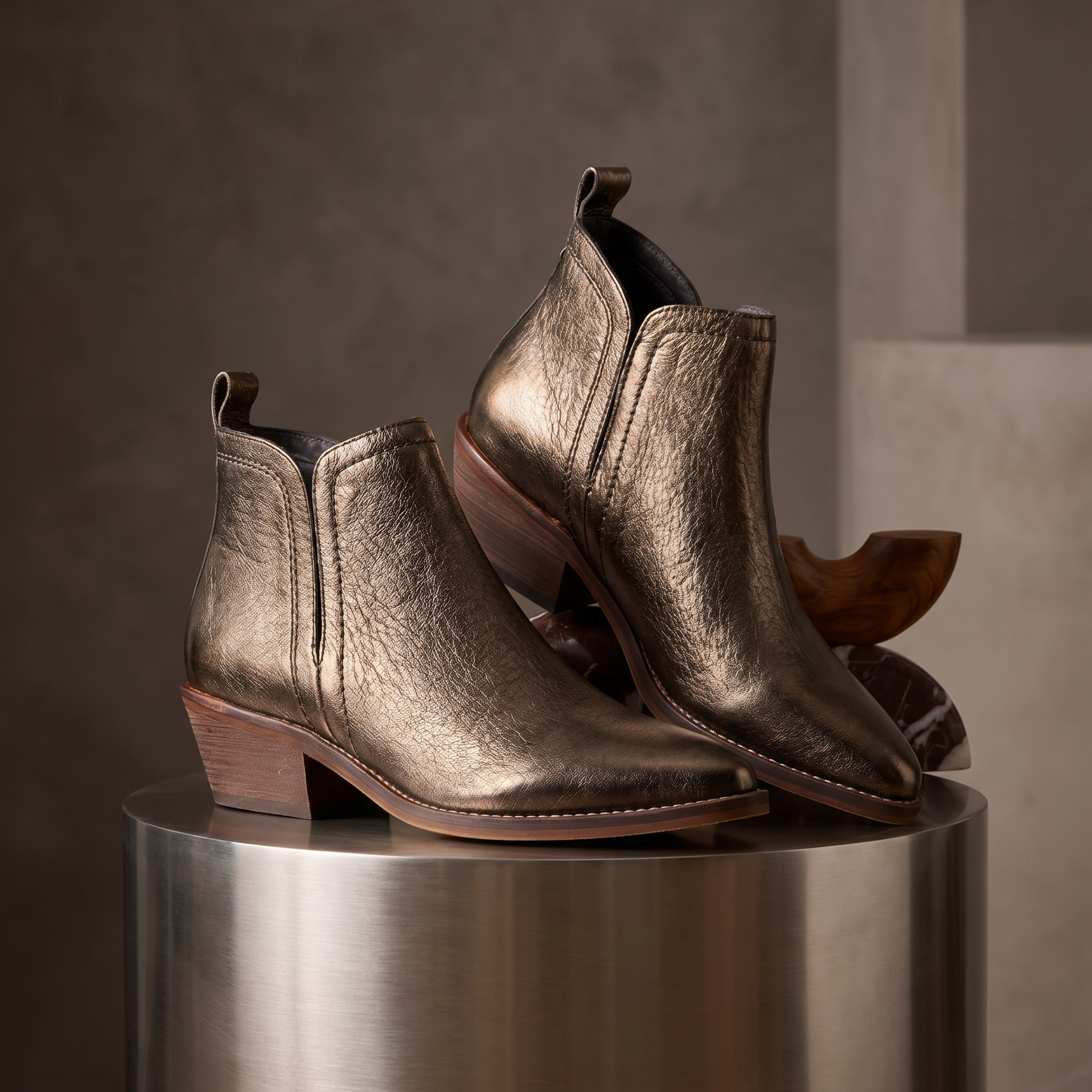 Pair of metallic ankle boots on a cylindrical metal stand with a neutral background