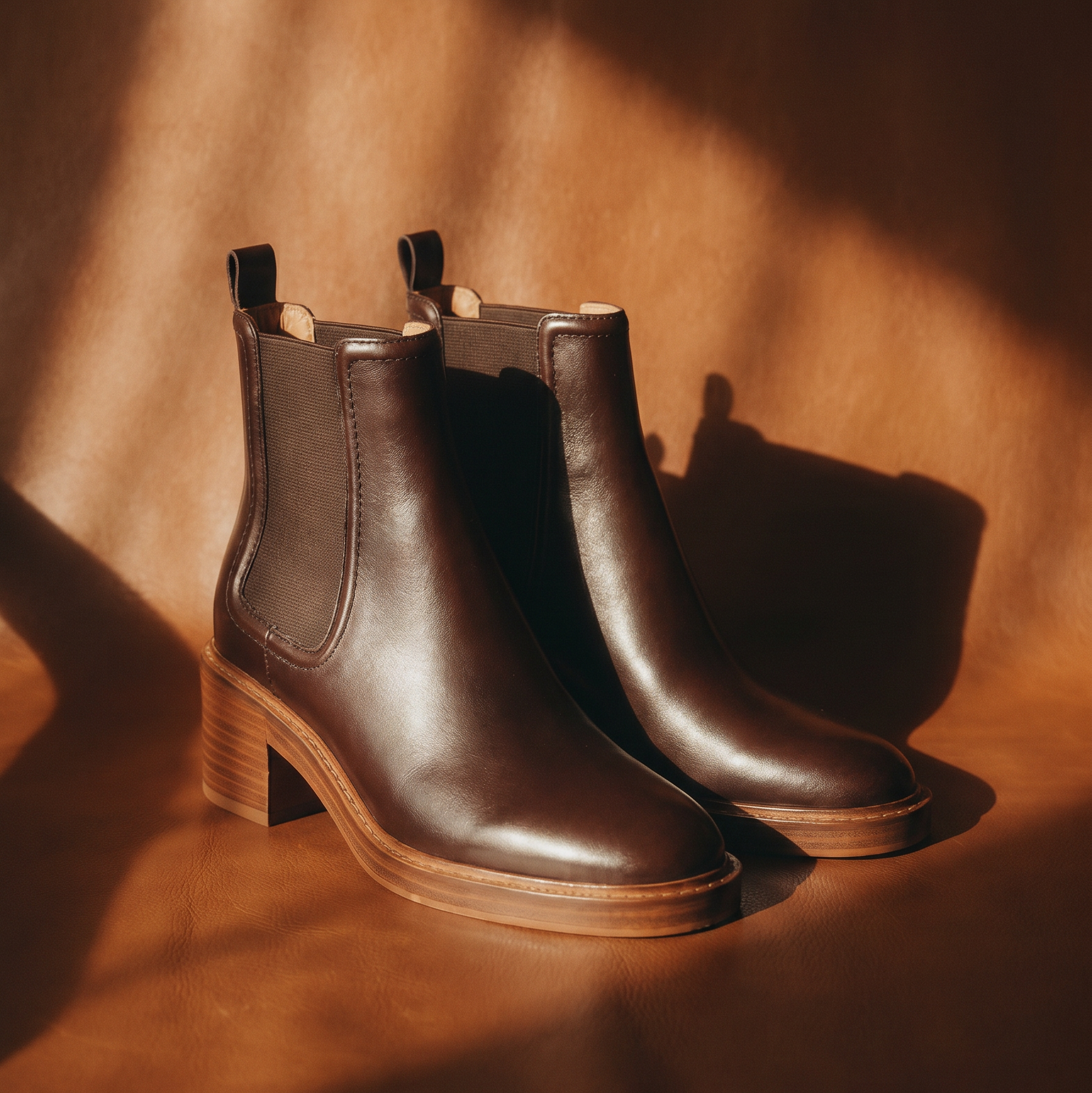 Pair of brown leather boots on a textured brown surface with warm lighting.