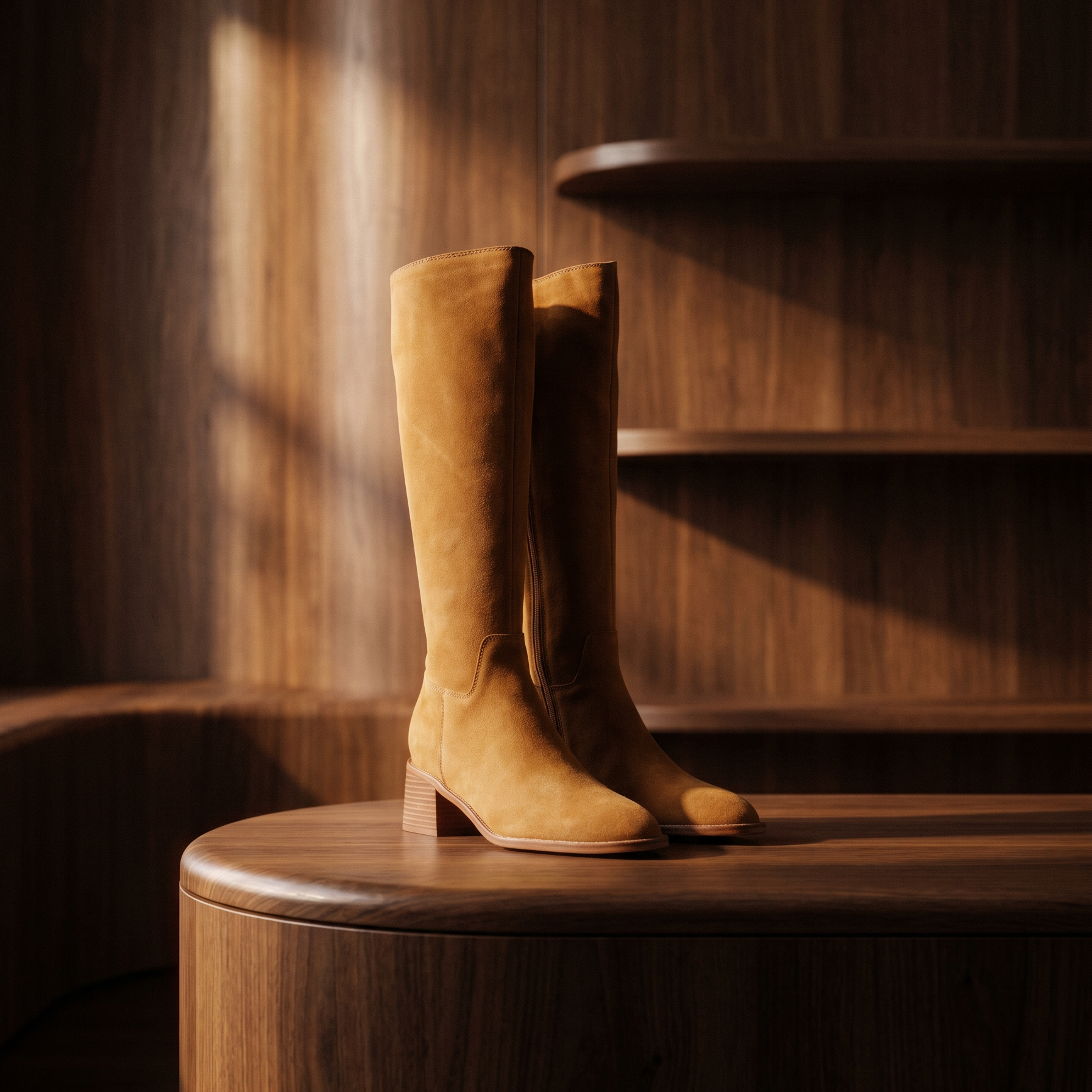 Pair of yellow knee-high boots on a wooden staircase
