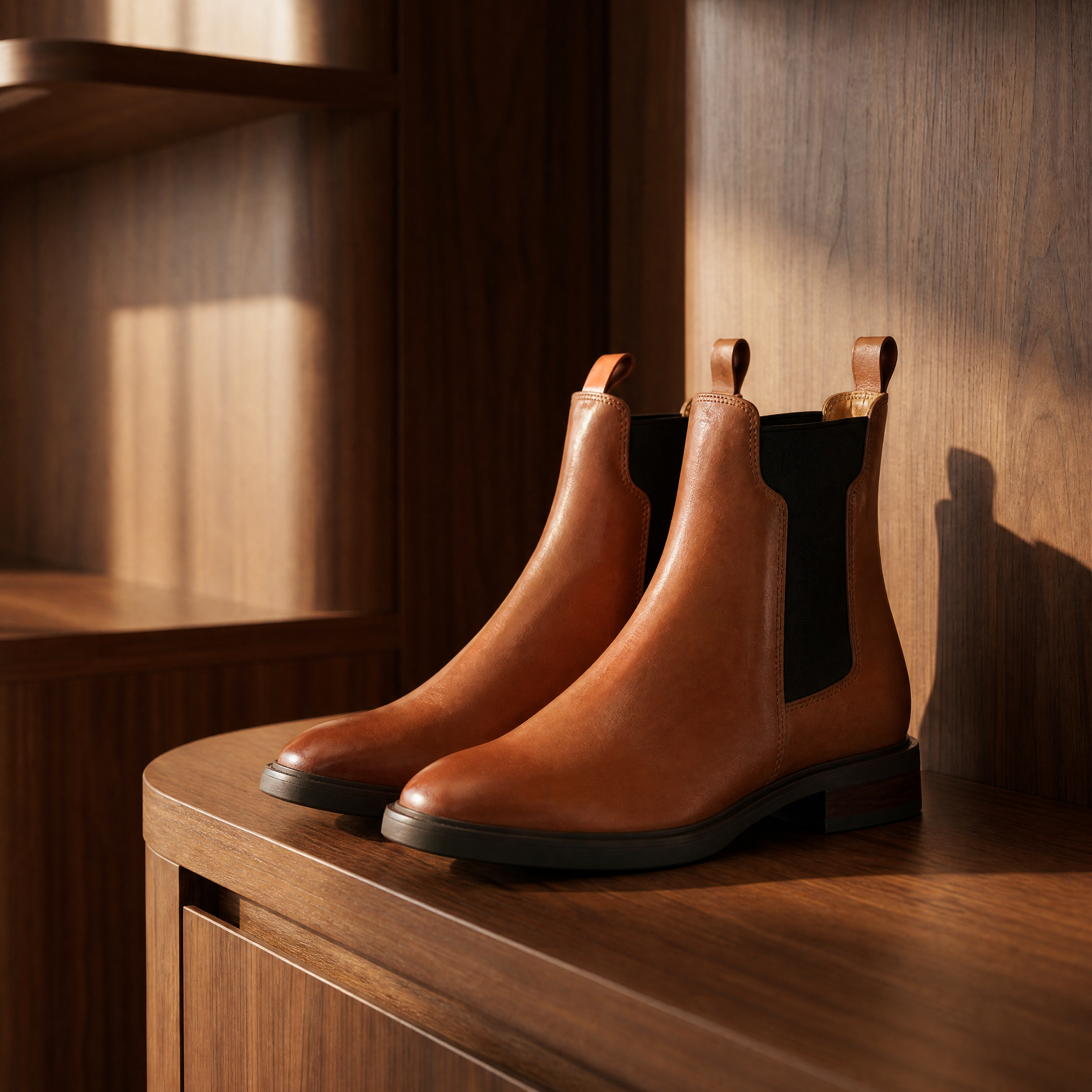 Pair of brown leather boots on a wooden shelf with warm lighting